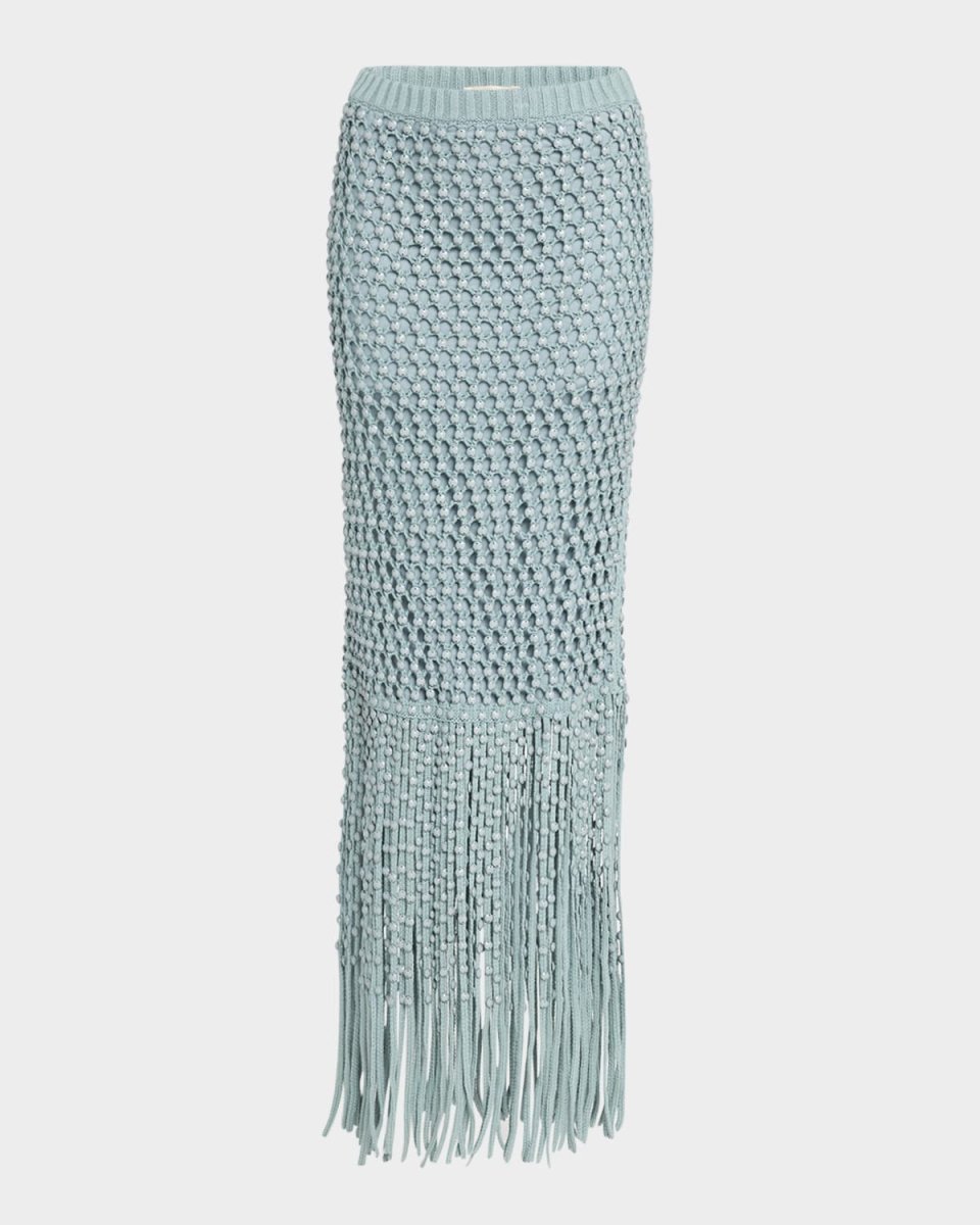 Gala Embellished Crochet Knit Fringe Maxi Skirt